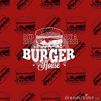 Burger house logo on seamless pattern fast food, vector illustration Vector Illustration