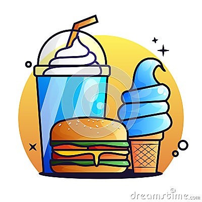 Burger and ice drink with ice cream Illustration Vector Illustration