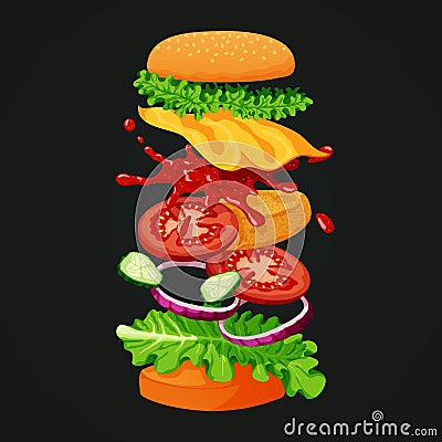 Burger icon. Coated patty, lettuce, cheese, ketchup, cucumbers, Vector Illustration