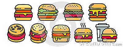 Burger icons set, outline style Vector Illustration