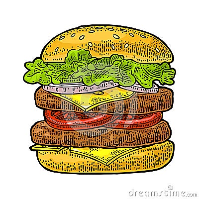 Burger include cutlet, tomato, cucumber, salad. Vector black vintage engraving Vector Illustration