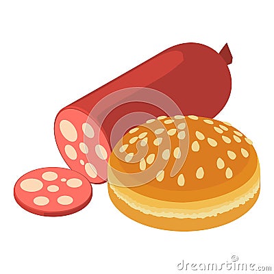Burger ingredient icon isometric vector. Sesame burger bun near sausage stick Vector Illustration