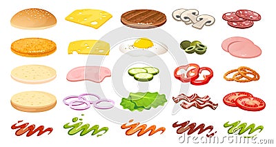 Burger ingredients collection. DIY burger elements isolated on white backgroud in cartoon style. Sliced vegetables, sauces, bun Vector Illustration