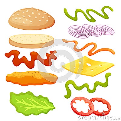 Burger ingredients diy collection. Set of isolated ingredients for build your own burger and sandwich. Sliced vegetables Vector Illustration