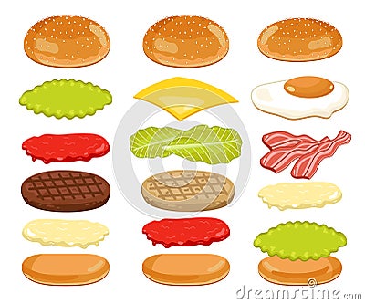 Burger Ingredients Set on White Background Vector Illustration