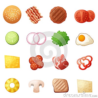 Burger ingredients top view icons set, cartoon style Cartoon Illustration