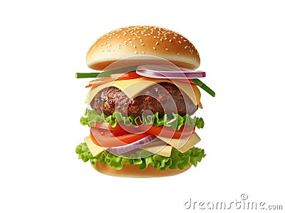 Burger isolated on white transparent background, Fast food, Hamburger layers and ingredients Stock Photo