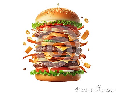 Burger isolated on white transparent background, Fast food, Hamburger layers and ingredients Stock Photo