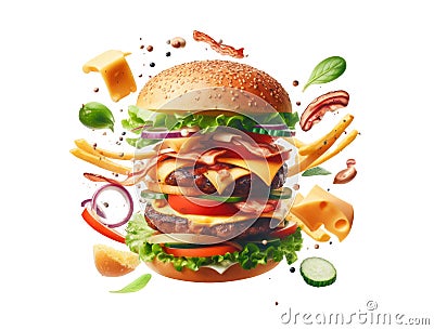 Burger isolated on white transparent background, Fast food, Hamburger layers and ingredients Stock Photo