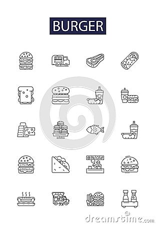 Burger line vector icons and signs. hamburger, meat, food, sandwich, fast, bun, beef,tasty outline vector illustration Vector Illustration