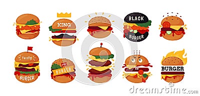 Burger logo. Big hamburger logotype for cafe. Fast food menu elements set. Cheeseburger brochure symbols. Chef gourmet Vector Illustration