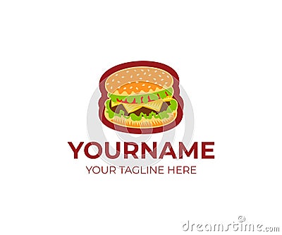 Burger logo template. Grilled beef burger and hamburger with tomato, lettuce and cheese vector design Vector Illustration