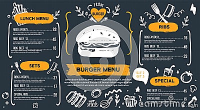 Burger menu with doodle icons and sketch burger, food background, chackboard cafe design, grill brochure, cooking flyer Vector Illustration