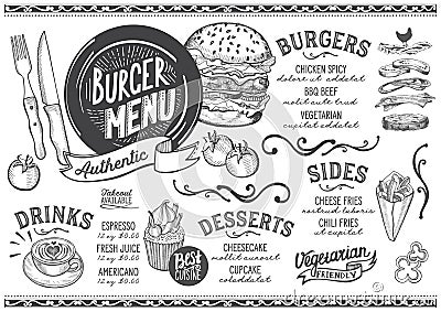 Burger menu restaurant, food template. Vector Illustration