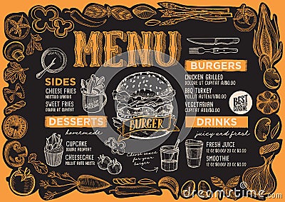 Burger menu template for restaurant on blackboard. Vector Illustration