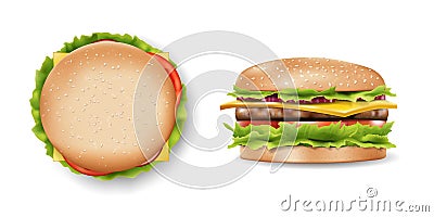 Burger mockup for your design, delicious hamburger side and top view. Realistic burger with refreshing ingredients. 3d Vector Illustration