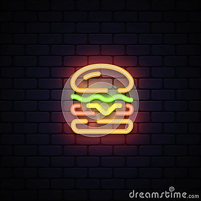 Burger neon for decoration design. Symbol, logo illustration. Vector logo illustration. Vector design Vector Illustration