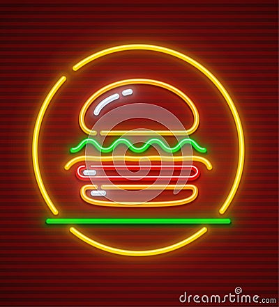 Burger neon icon hamburger fast food symbol Vector Illustration