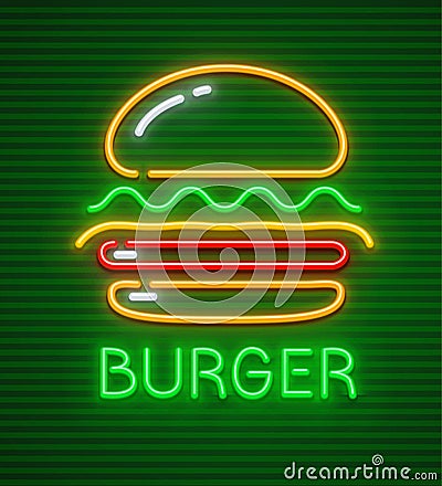 Burger neon icon hamburger fast food symbol Vector Illustration