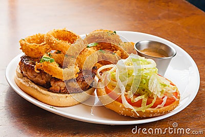 Burger and Onion Rings Stock Photo