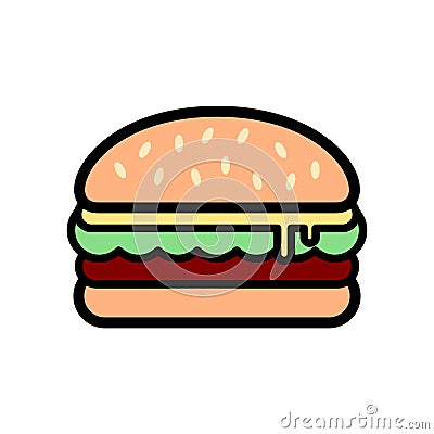 Burger with outline on white background. Delicious burger drawing. Vector Illustration