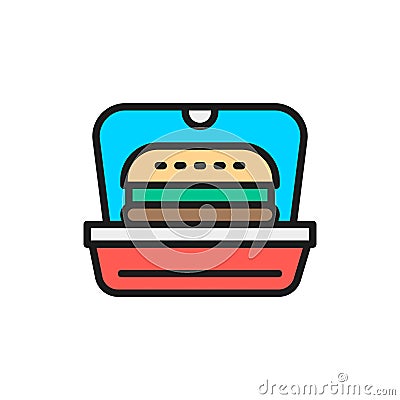 Burger in packing, fast food takeaway flat color line icon. Vector Illustration