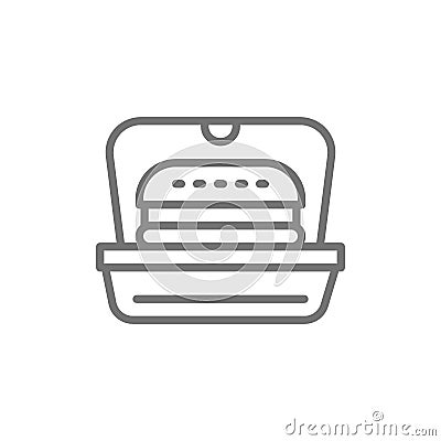 Burger in packing, fast food takeaway line icon. Vector Illustration