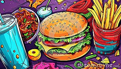 Burger, pizza, cool drinks, noodles, salads, French fry, ice cream coloring concept Stock Photo