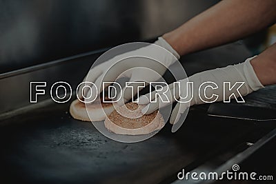 Burger Preparation Concept. Bread Bun Grilling. Stock Photo