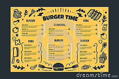 Burger restaurant vafe menu template on yellow background. Grill BBQ menu, Sketch cover template, american kitchen Vector Illustration
