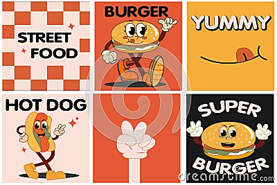 Burger retro cartoon fast food posters and cards. Comic character slogan quote and other elements Vector Illustration