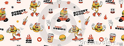 Burger retro cartoon fast food seamless pattern. Groovy funky trendy vector background. Vector Illustration