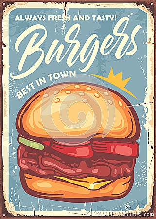 Burger sign design in retro style made for restaurants and fast food stores. Vector Illustration