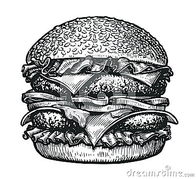 Burger sketch. Sandwich in vintage hand drawn engraving style. Street fast food vector illustration Vector Illustration