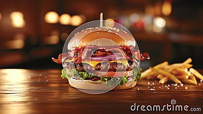 Burger stacked high with a thick, juicy patty, melted cheese, crispy bacon, fresh lettuce, tomato, and red onion on a toasted bun. Stock Photo