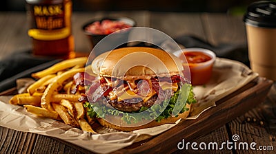 Burger stacked high with a thick, juicy patty, melted cheese, crispy bacon, fresh lettuce, tomato, and red onion on a toasted bun. Stock Photo