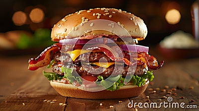 Burger stacked high with a thick, juicy patty, melted cheese, crispy bacon, fresh lettuce, tomato, and red onion on a toasted bun. Stock Photo