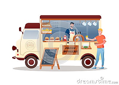 Burger street food market truck, van car vehicle transport with hamburger fries and beer Vector Illustration