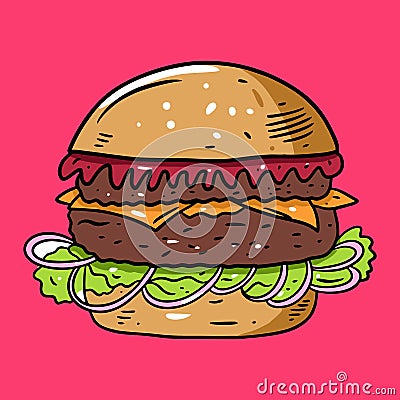 Burger with tomato sauce, shredded lettuce and onion. Colorful vector illustration in flat cartoon style. Isolated on Vector Illustration