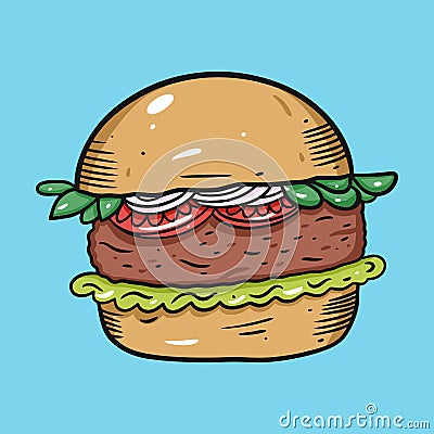 Burger with tomato, shredded lettuce and onion. Colorful vector illustration in flat cartoon style. Isolated on blue Vector Illustration