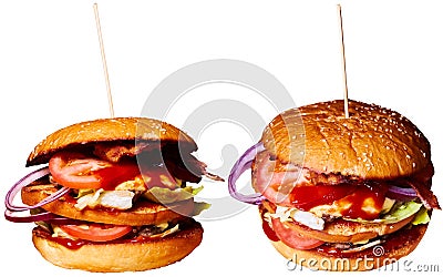 Burger with vegetables isolated on white background Stock Photo