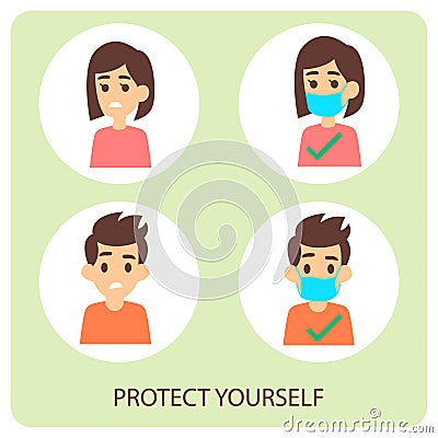 Protect yourself. Face mask on a man and woman. Girl and boy wearing protective mask. Coronavirus prevention. Vector Illustration