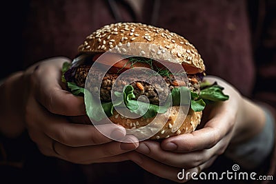 Burger In Womans Hands Closeup. Generative AI Stock Photo