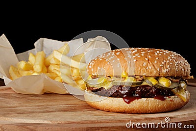 Burger (hamburger) with french fries Stock Photo