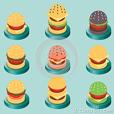 Burgers color isometric icons Vector Illustration