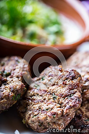 Burgers. Grill burgers. Minced burgers. Roasted burgers with grilled vegetable and herb decoration. Minced meat grilled in a hotel Stock Photo