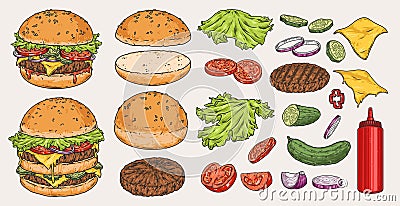 Burgers ingredients logotypes set colorful Vector Illustration