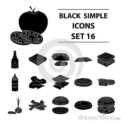 Burgers and ingredients set collection icons in black style Vector Illustration