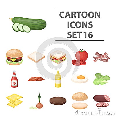 Burgers and ingredients set collection icons in cartoon Vector Illustration