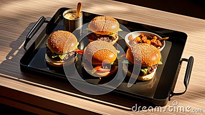 Delicious Sliders On Tray With Side Dishes - Mouthwatering Food Photography Stock Photo